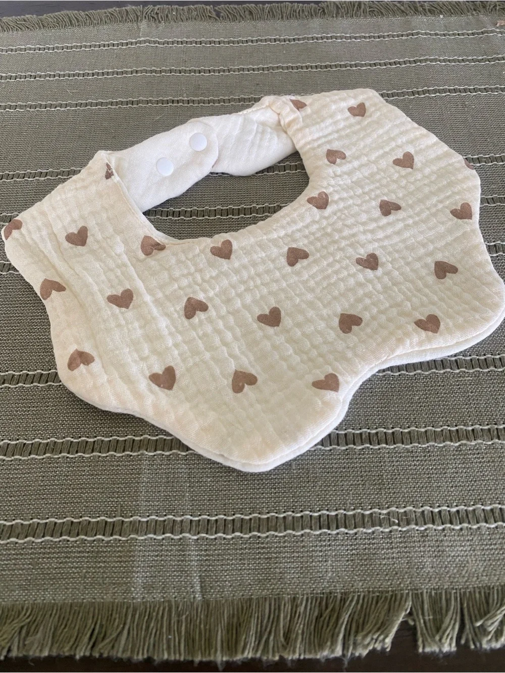 Boho Muslin Cotton Bandana Bib Brown Hearts Scalloped - BRAND NEW